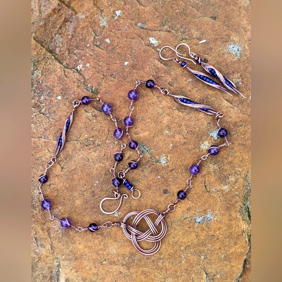 Celtic Jewelry Set Necklace and Earrings Amethyst Gemstone Beads Evening Artisan - Picture 7 of 14
